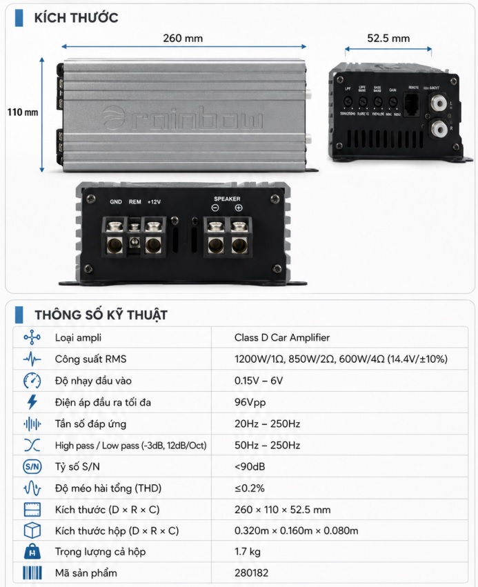 ảnh thông số kỹ thuật của rainbow EL-M1200