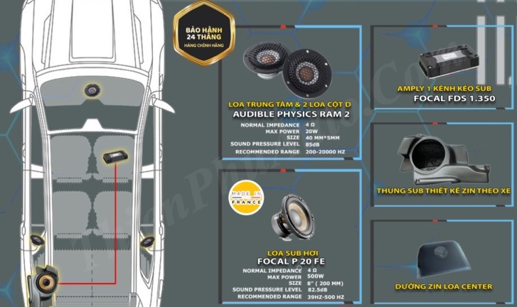 Độ loa ford Everest loa trung tâm + cột D + sub hơi+ amply