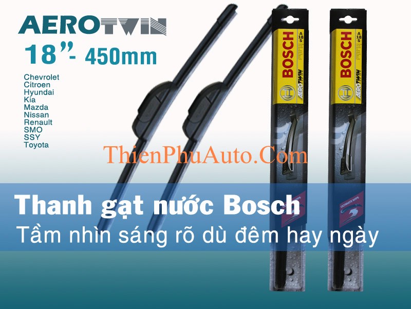 Chổi gạt nước mưa ô tô  Bosch Aerotwin Đức, không xương, ôm sát mặt kính, kích thước 18 inch