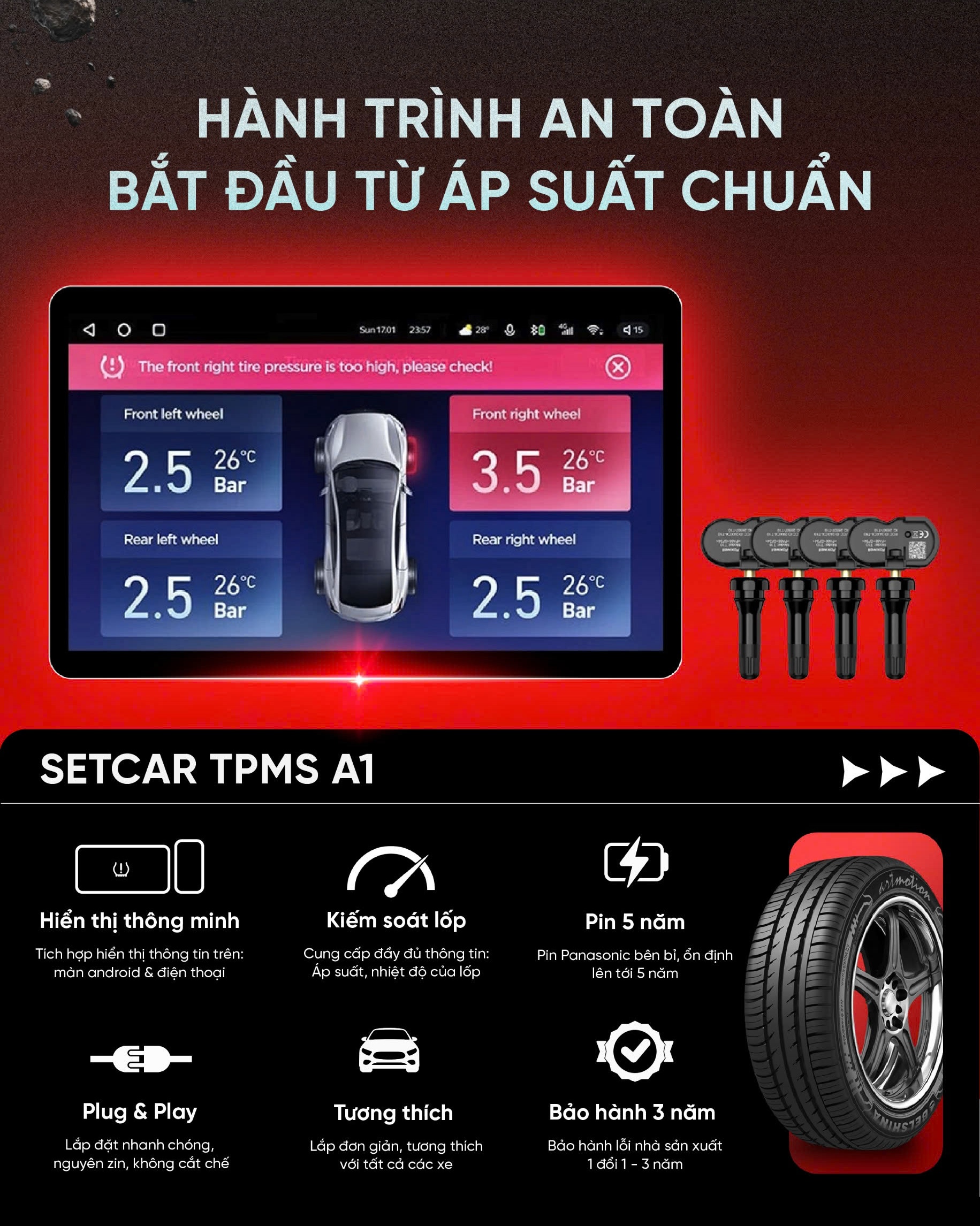 Setcar Áp suất lốp VF3 - Lắp giắc zin, hiển thị lên màn hình độc lập dán kính