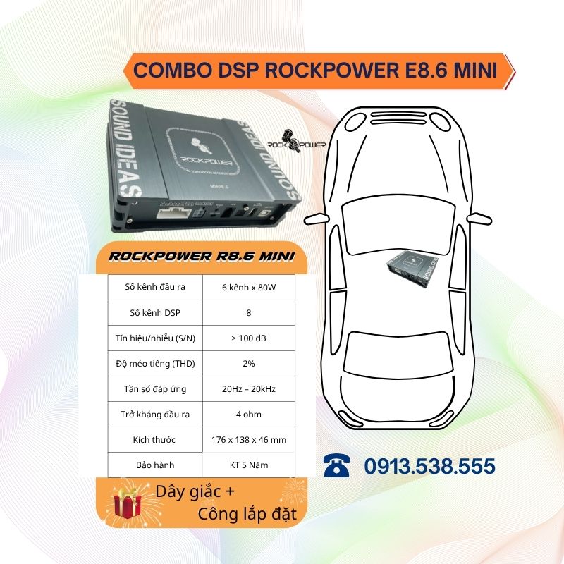 Combo DSP liền âm ly Rockpower R8.6 Mini, tặng dây giắc, công lắp đặt