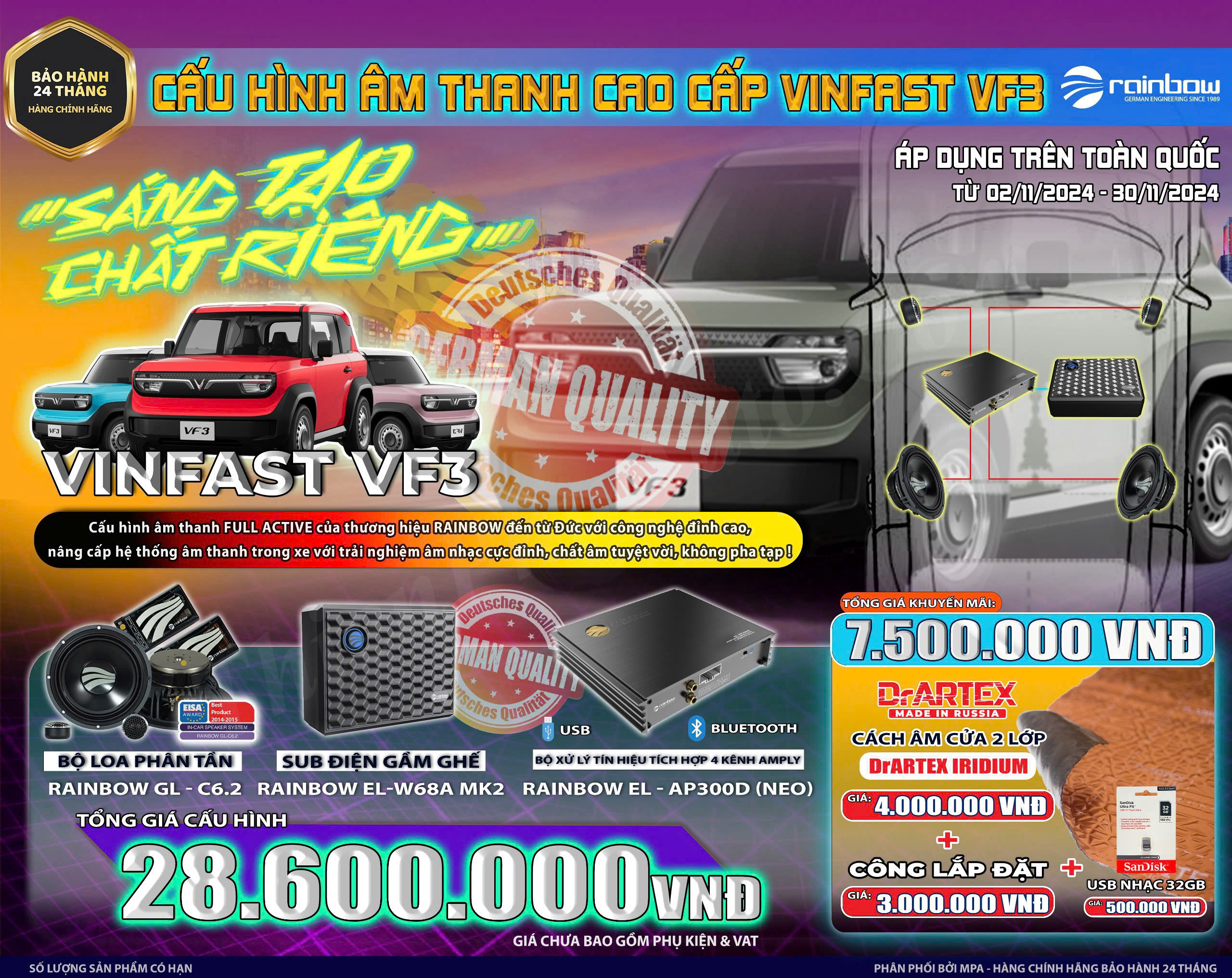 Combo Rainbow 4 loa phân tần, dsp, sub tặng cách âm, usb, công