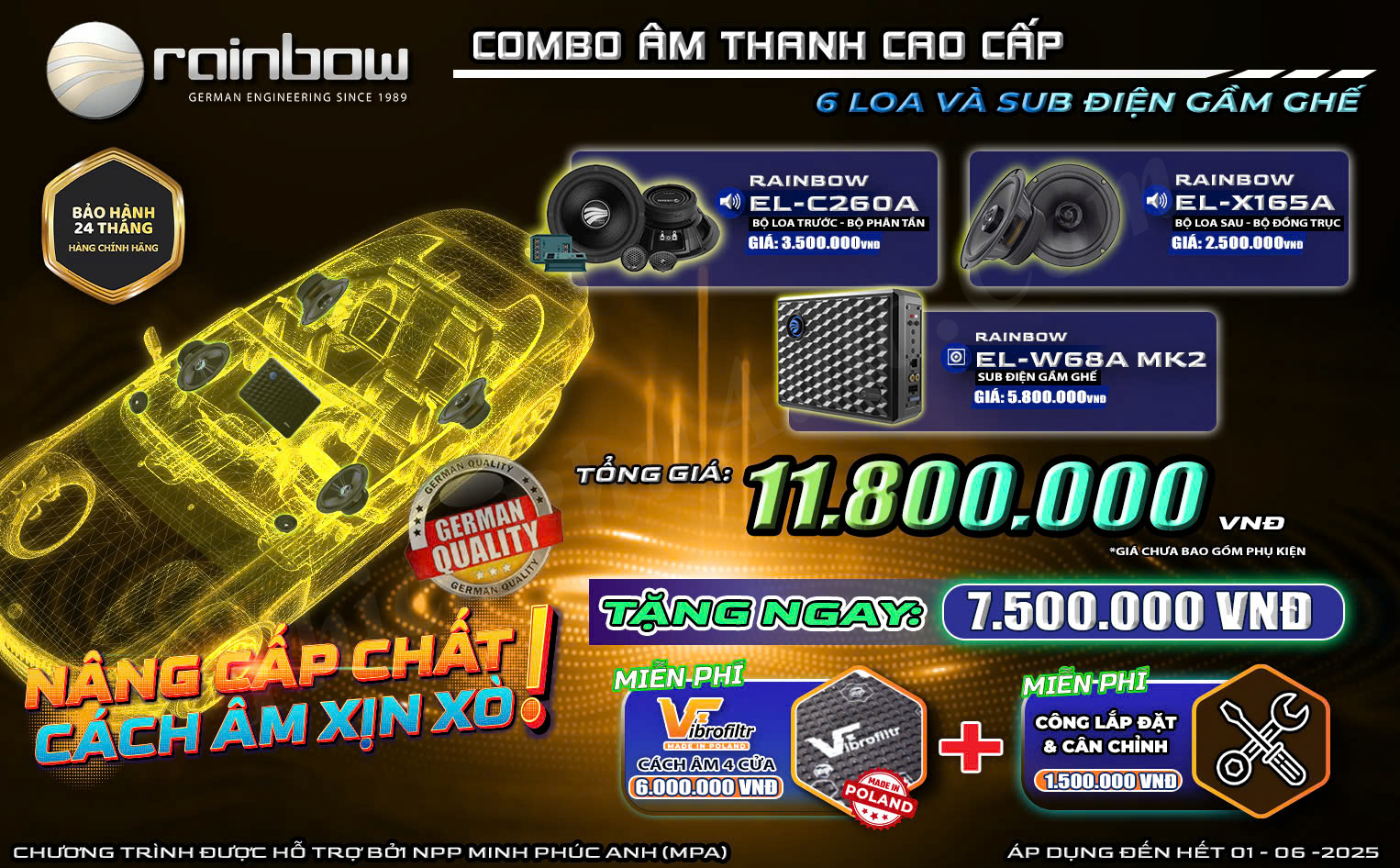 Combo Rainbow 6 loa cánh ô tô C260A và X165A, sub gầm ghế MK3 tặng cách âm Drartex Nga