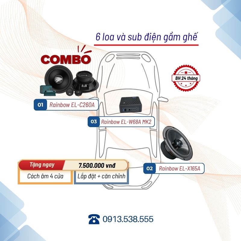 Combo Rainbow 6 loa cánh ô tô C260A và X165A, sub gầm ghế MK2 tặng cách âm Drartex Nga