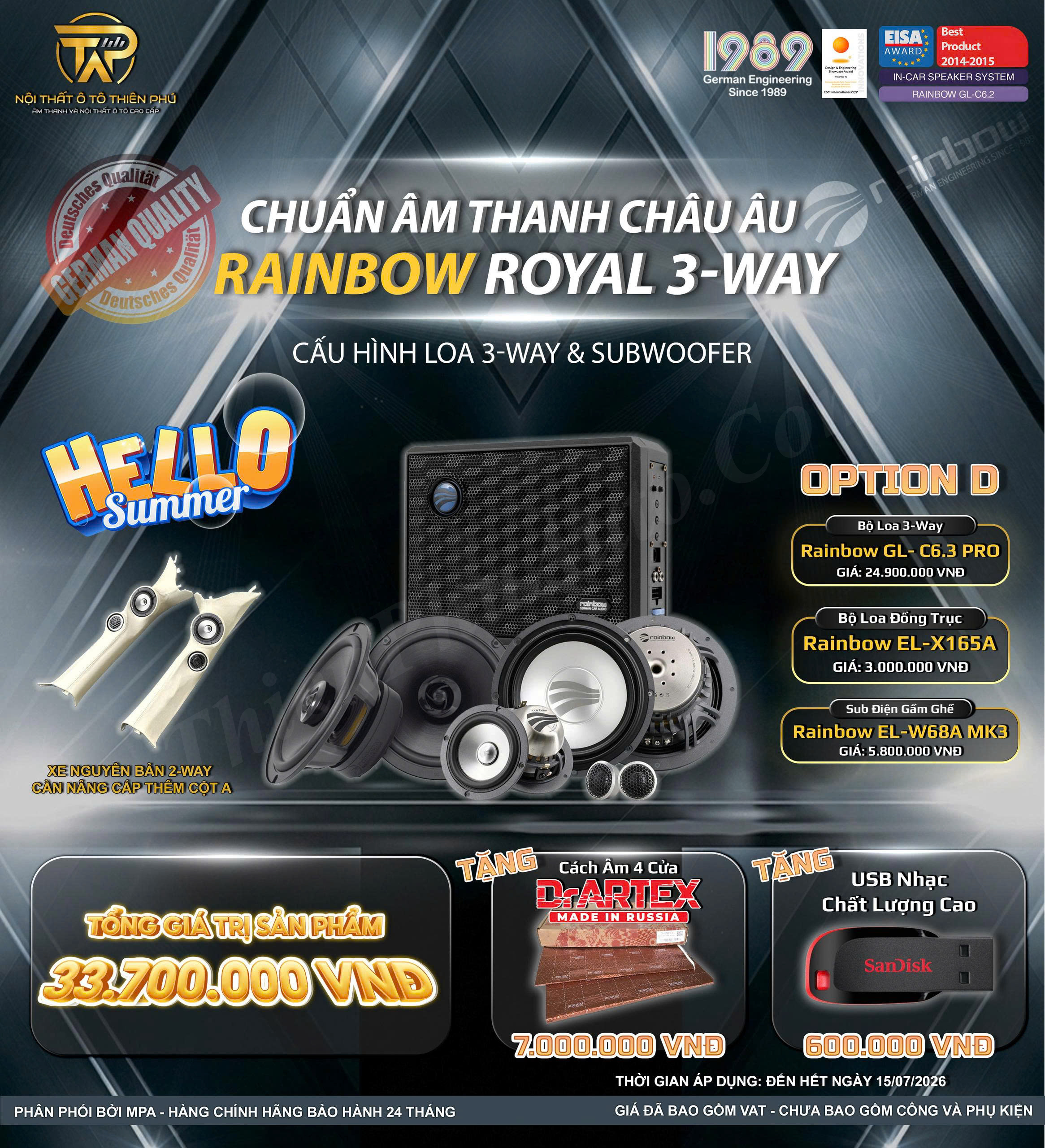 Combo Rainbow 8 loa cánh ô tô 3 way, loa sub gầm ghế tặng chống ồn, usb nhạc