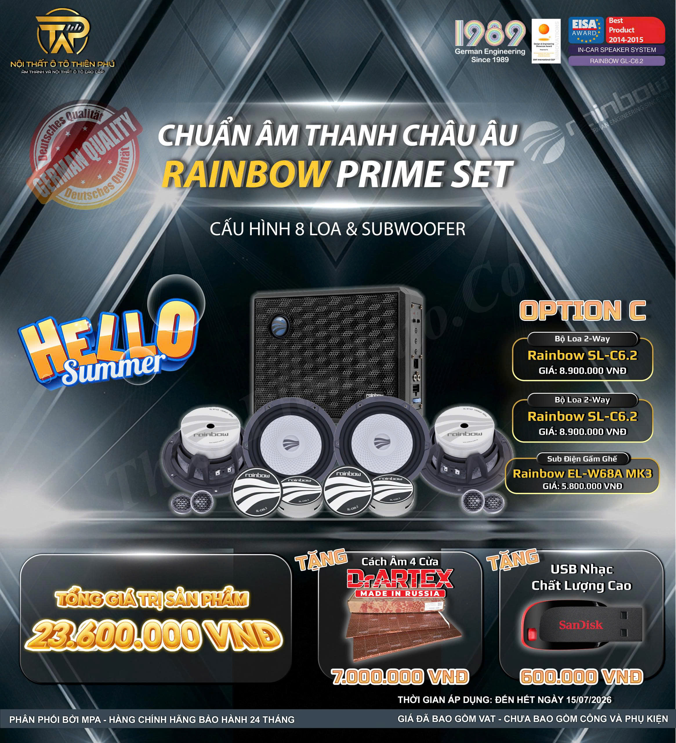 Combo Rainbow 8 loa cánh ô tô 2 way, loa sub gầm ghế tặng chống ồn, usb nhạc
